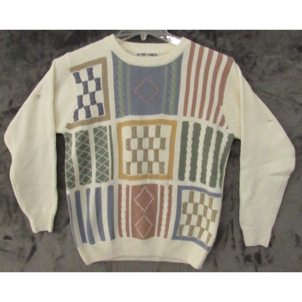Alfred Dunner Patchwork Checker Sweater White Blue XL 58 Abstract Stripes